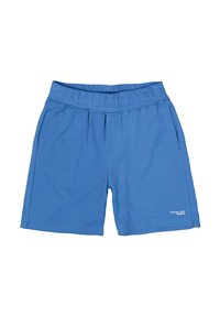 Shorts en coton bleu avec une taille élastique, deux poches latérales et un petit logo imprimé sur la jambe droite inférieure. Texture lisse.