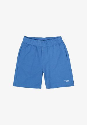 Blauwe katoenen shorts met een elastische tailleband, twee zijzakken en een klein bedrukt logo op het onderste rechterbeen. Vlotte textuur.