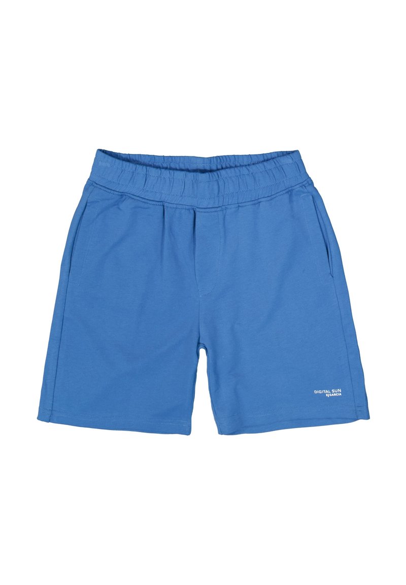 Shorts en coton bleu avec une taille élastique, deux poches latérales et un petit logo imprimé sur la jambe droite inférieure. Texture lisse.