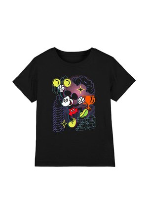 Black t-shirt featuring a vibrant graphic of Mickey Mouse in red and yellow, with geometric shapes and bright colors creating a playful design.