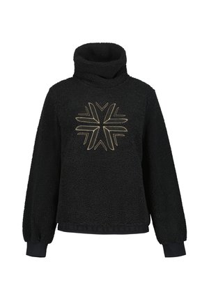 Pullover in pile nero con colletto alto e maniche lunghe. Presenta un design geometrico ricamato in oro sul davanti e polsini a coste.