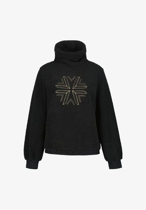 Pullover in pile nero con colletto alto e maniche lunghe. Presenta un design geometrico ricamato in oro sul davanti e polsini a coste.