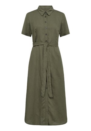 Olivgrünes Kleid mit kurzen Ärmeln, Knopfleiste, Kragen und tailliertem Gürtel; aus leichtem, glattem Stoff gefertigt.