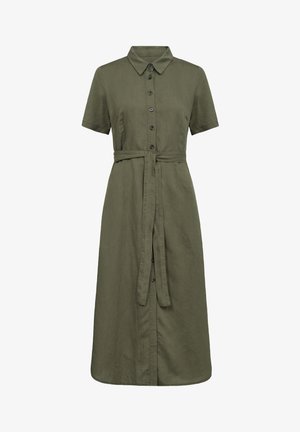 Olivgrünes Kleid mit kurzen Ärmeln, Knopfleiste, Kragen und tailliertem Gürtel; aus leichtem, glattem Stoff gefertigt.