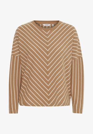 Brun strikket sweater med hvidt chevronmønster, rund hals og lange ærmer; blød tekstur og afslappet pasform.