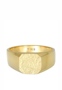 Ring i guldbelagt metal med en glat ringformet bånd og en tekstureret ottekantet detalje. Markerede med "925" for sterlingsølvindhold.