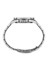 Montre en acier inoxydable avec une finition argentée, dotée d'un boîtier rond, de boutons chronographe et d'un bracelet à maillons avec un fermoir rabattable.