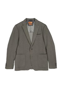 Grauer Blazer mit Reverskragen, einem Knopfverschluss, zwei großen Fronttaschen und strukturiertem Stoff. Die Innenseite verfügt über ein kontrastierendes Futter.