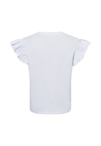 White t-shirt with short ruffled sleeves, round neckline, and a smooth, lightweight texture. The back is plain without additional design elements.