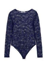 Granatowe body z koronki z długimi rękawami. Charakteryzuje się kwiatowym wzorem, przezroczystą fakturą i dopasowanym krojem. Zapięcie na zatrzaski u dołu.