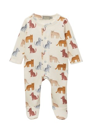 Barboteuse pour bébé couleur crème à manches longues, avec boutons-pression et imprimés multicolores de chiens et de chats en orange, rose, gris et beige.