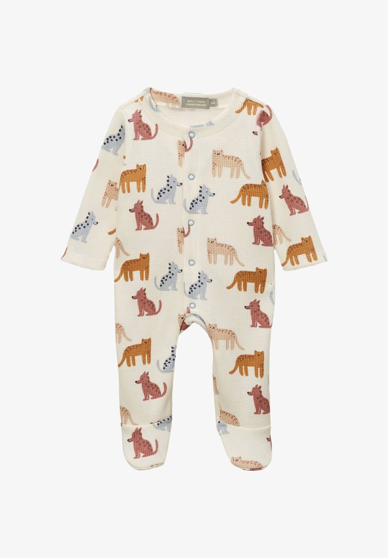 Barboteuse pour bébé couleur crème à manches longues, avec boutons-pression et imprimés multicolores de chiens et de chats en orange, rose, gris et beige.