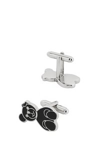 Butoni argintii cu design de urs negru, cu finisaj lustruit și formă distinctivă de ursuleț de pluș.