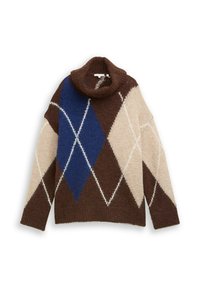 Bruine, beige en blauwe trui met een argylepatroon, voorzien van een geribde hoge kraag en een losse fit. Gemaakt van textuurgebreid materiaal.