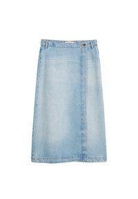 Light blue denim skirt with a straight cut, front button closure, and subtle fading, featuring a single seam down the front.