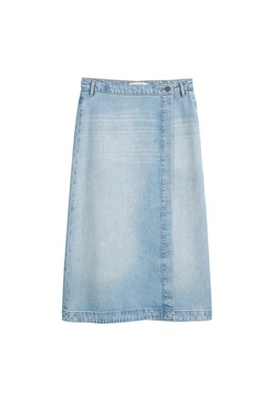 Light blue denim skirt with a straight cut, front button closure, and subtle fading, featuring a single seam down the front.