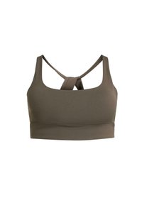 Reggiseno sportivo verde oliva con scollo quadrato, spalline larghe e design incrociato sul retro. Realizzato in tessuto liscio ed elasticizzato.