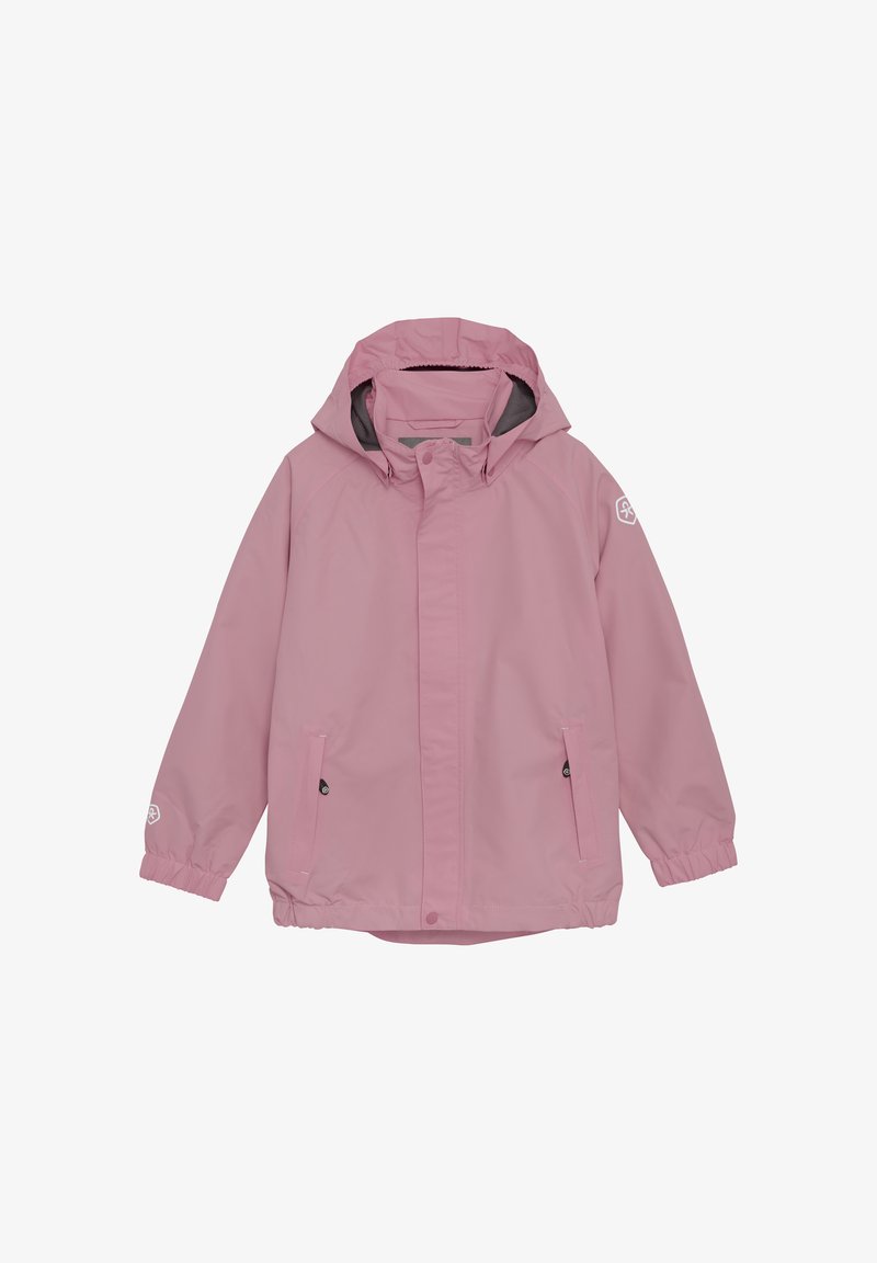 Rosa vattentät jacka med huva, dragkedja, elastiska ärmslut och två sidofickor. Har en logotyp på vänster ärm.