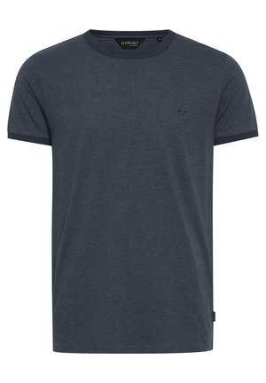 T-shirt in cotone blu navy con maniche corte, colletto rotondo e rifiniture in blu scuro a contrasto su colletto e maniche. Presenta un piccolo logo sul petto.