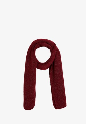 Bufanda burdeos hecha de un material suave y texturizado; presenta un diseño de punto con un leve brillo, de forma alargada adecuada para envolver.