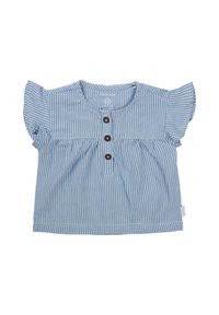 Pasiasty niebieski top z krótkim rękawem z falbaniastymi akcentami, z patką na guziki i marszczoną talią. Lekki bawełniany materiał.