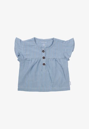 Top de manga corta a rayas azules con acentos de volantes, que presenta una tapeta de botones y una cintura fruncida. Fabricado en algodón ligero.