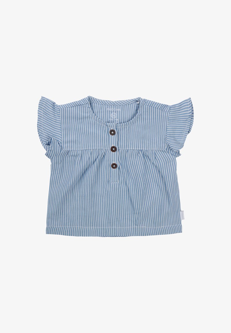 Pasiasty niebieski top z krótkim rękawem z falbaniastymi akcentami, z patką na guziki i marszczoną talią. Lekki bawełniany materiał.