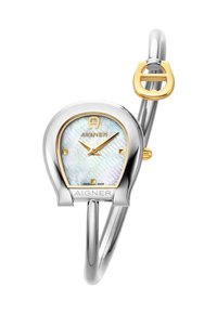 Sudraba un zelta aproces pulkstenis ar zirgslēdī formas ciparnīcu, pērļotā ciparnīca, zelta rādītāji un Aigner logo ciparnīcā un sprādzienā.