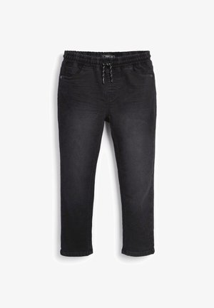 Sorte denim joggers med elastisk talje, snorelukning og forlommer. Stoffet har en glat overflade og en let glans.