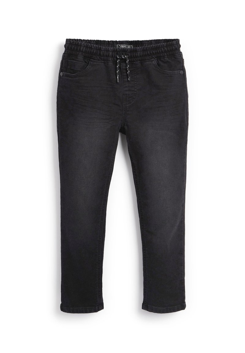 Mustast denimist joggers, millel on elastne vöökoht, tõmbluku ning ees taskud. Kanga pinsak on sile ja kergelt läikiv.