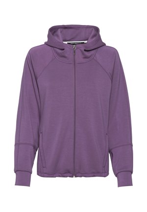Lila Zip-up Hoodie mit hohem Kragen, Raglanärmel und Seitentaschen, aus einem weichen, strukturierten Stoff mit glatter Oberfläche.