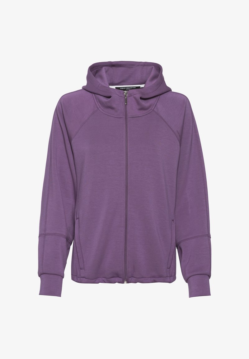 Lila Zip-up Hoodie mit hohem Kragen, Raglanärmel und Seitentaschen, aus einem weichen, strukturierten Stoff mit glatter Oberfläche.