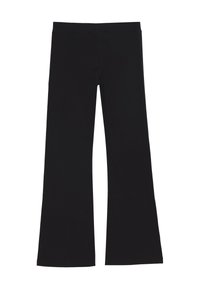 Pantaloni neri a vita alta con gamba leggermente svasata e senza chiusure visibili, esposti piatti su uno sfondo bianco.