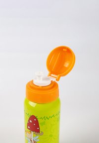 Grüne Kinderwasserflasche mit einem orangen Klappdeckel und einer Cartoon-Fee, die auf der Seite einen roten Pilz hält.