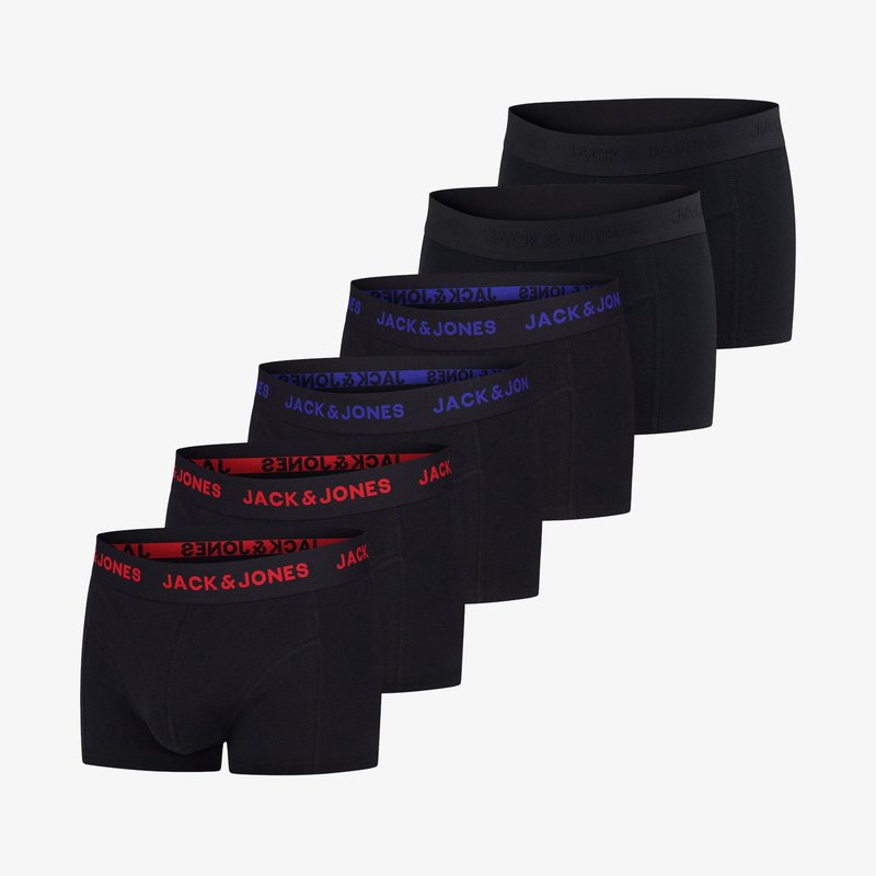 Boxers en coton noir, avec ceintures élastiques rouge, bleu et noir, arborant la marque "JACK & JONES", présentés dans un ensemble de six.