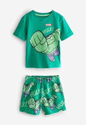 Green cotton pajama set featuring a short-sleeve T-shirt with Hulk graphic and elastic waistband shorts with repeated Hulk design and logo.