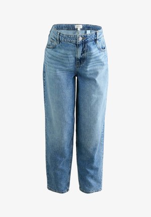 Hele sinine, keskmise tõusuga teksapüksid lõdva lõikega, nööpidega kinnitatavad ja viie taskuga. Kangal on peen tekstuur ja pleekinud viimistlus.