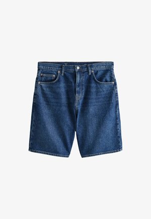 Pantalones cortos vaqueros azul oscuro con botón y cremallera delanteros, trabillas para el cinturón y dos bolsillos delanteros con remaches de cobre.