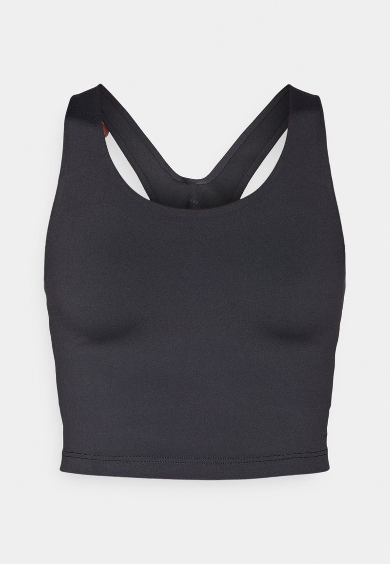 Soutien-gorge de sport noir en tissu lisse et extensible. Dispose d'un col rond et d'un design dos nageur. Sans couture et de longueur courte.
