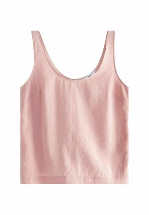 Top court sans manches rose clair avec encolure arrondie et fermeture éclair au dos, en tissu lisse.
