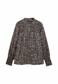 Ilgi piedurknju ziedu blūze ar smockotu plecu daļu un aprocēm, kas rotāta ar maziem rozā, sarkaniem un ziliem ziediem tumšā fonā.