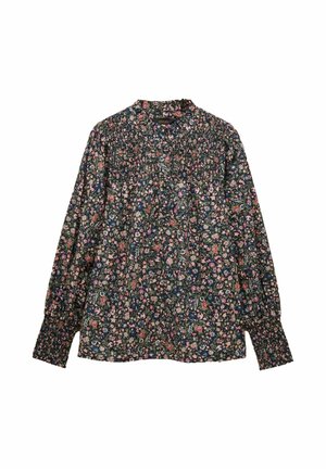 Blúzka s dlhým rukávom a kvetinovým vzorom so smockovaným výstrihom a manžetami, s malými ružovými, červenými a modrými kvetmi na tmavom pozadí.