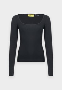 Μαύρο μακρυμάνικο τοπ με τετράγωνη λαιμόκοψη. Κατασκευασμένο από λείο, ελαστικό ύφασμα. Διαθέτει απλό σχέδιο και μονόχρωμο χωρίς μοτίβα.