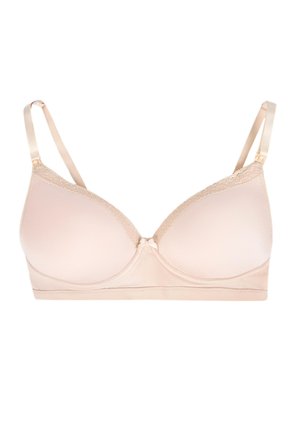 Reggiseno imbottito beige chiaro con spalline regolabili, rifinitura in pizzo lungo i bordi superiori e un piccolo fiocco al centro davanti.