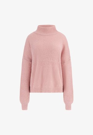 Roosa kudumissviiter kõrge kaelusega, langetatud õlgade ja tekstuurse mustriga. Omab lühikest disaini ning soonikuid mansette ja ääre.