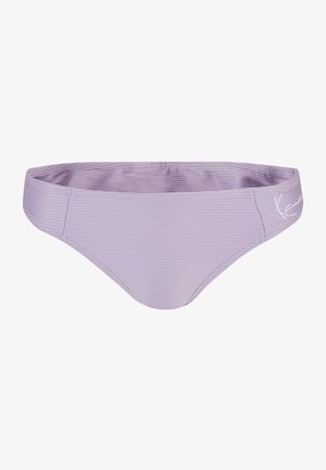 Vijolični bikini spodnji del z rebrasto teksturo, z nizek pasom in ozkim elastičnim pasom. Preprost logotip na strani.