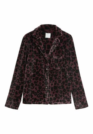 Svetrová pyžamová blúzka s leopardím vzorom, dlhými rukávmi, s klopovým golierom, vreckom na hrudi a gombíkovým zapínaním. Tmavo fialová a čierna farba.