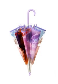 Opvouwbare paraplu met een lila handvat, voorzien van een kleurrijk ontwerp in paarse tinten en bloemmotieven op de canopy panelen.