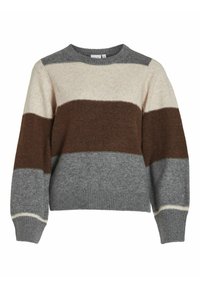 Sweter dziany z poziomymi paskami w odcieniach szarości, brązu i kremu. Okrągły dekolt, ściągacze przy mankietach i u dołu dla dodatkowej faktury.