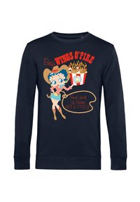 Námořnická mikina s dlouhým rukávem, na které je kreslená postavička s modrými vlasy, červenými akcenty a grafickým potiskem kbelíku s pikantními křidélky.